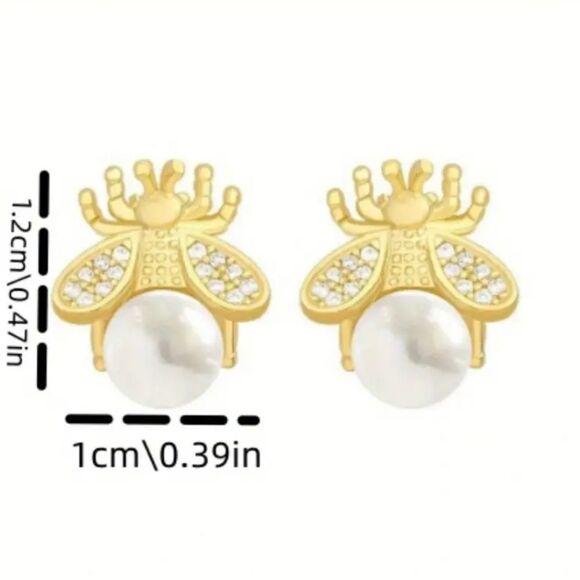 "Honey" Charming Gold Bumble Bee Studs Earrings with a Pearl Accent - Picture 3 of 4